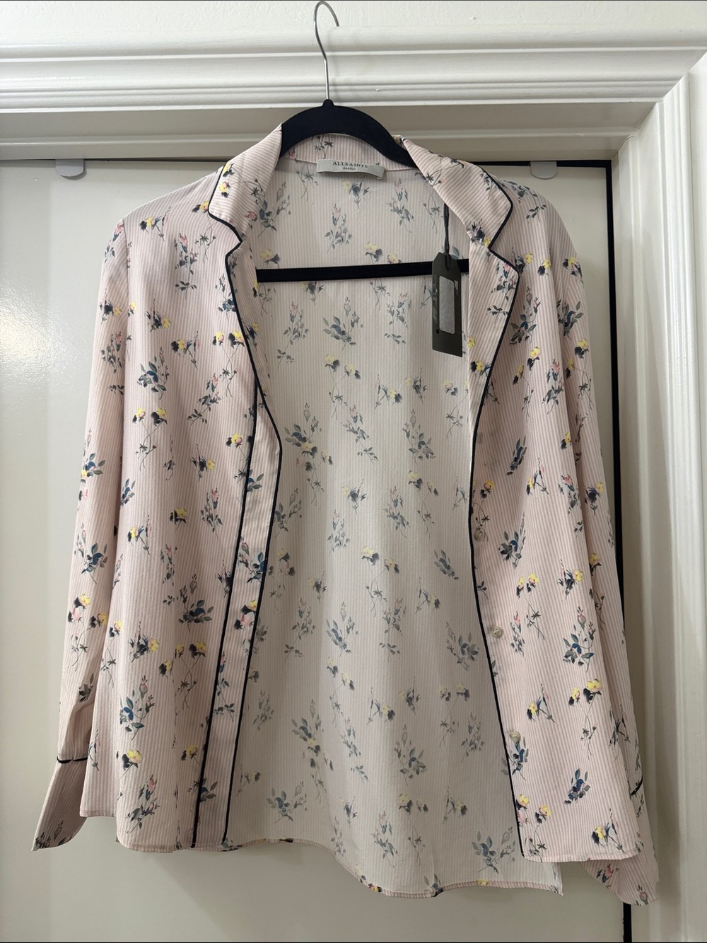 AllSaints Light Pink Floral Button-Down Blouse with Black Trim